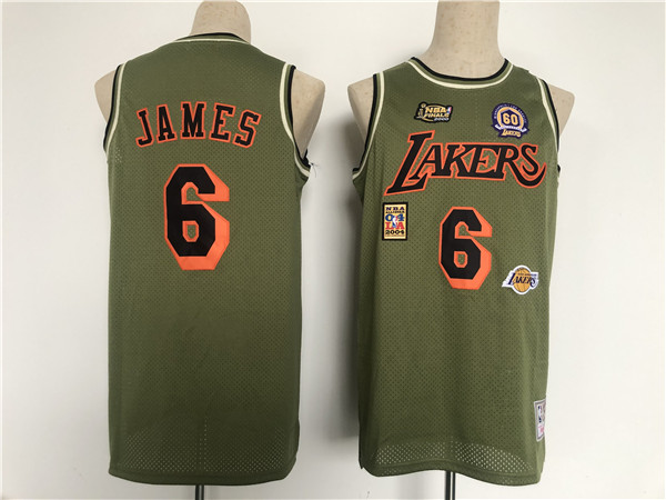 Men's Los Angeles Lakers #6 LeBron James Green Military Flight Patchs Stitched Basketball Jersey